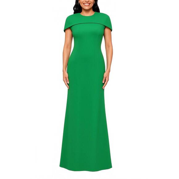NEW BETSY & ADAM women's shanice cape floor length dress in green